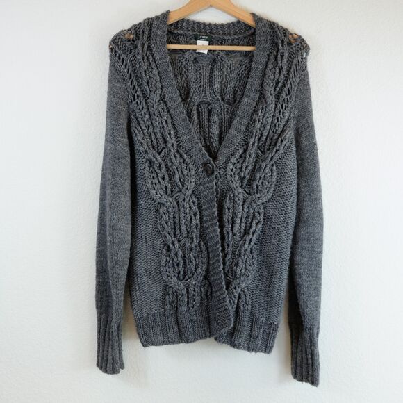 J. Crew Chunky Cable Fisherman Handknit Cardigan Wool Blend Women Sz M - Picture 2 of 8